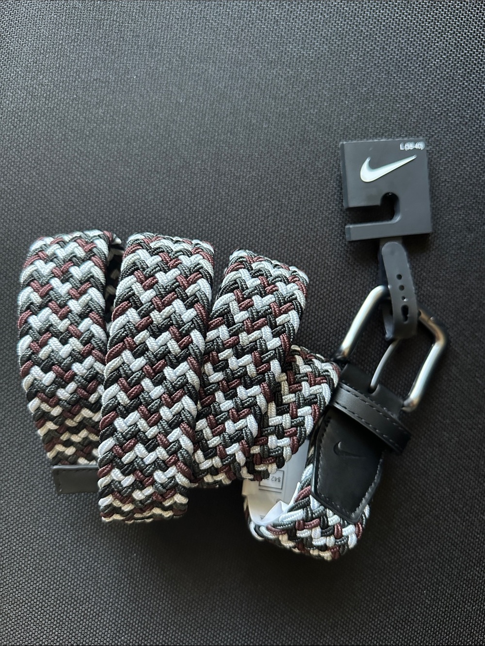 Nike Mens Woven Stretch Belt Golf Large 38-40 Gray Black Maroon Brown New w Tags